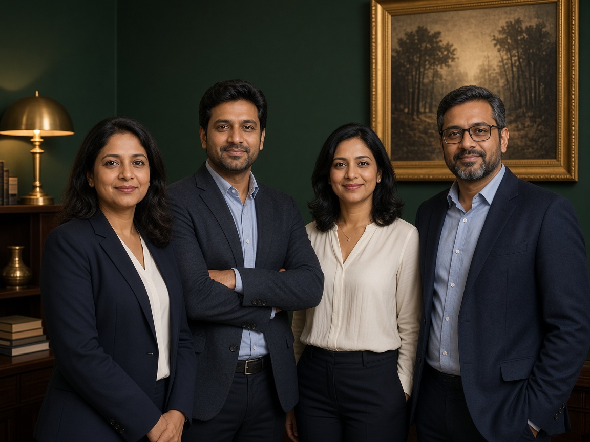 Small professional Indian team in a warm gold-accented office