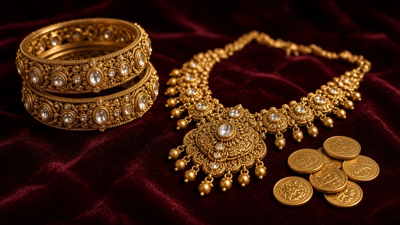 Traditional Indian gold bangles, necklace and coins on dark velvet