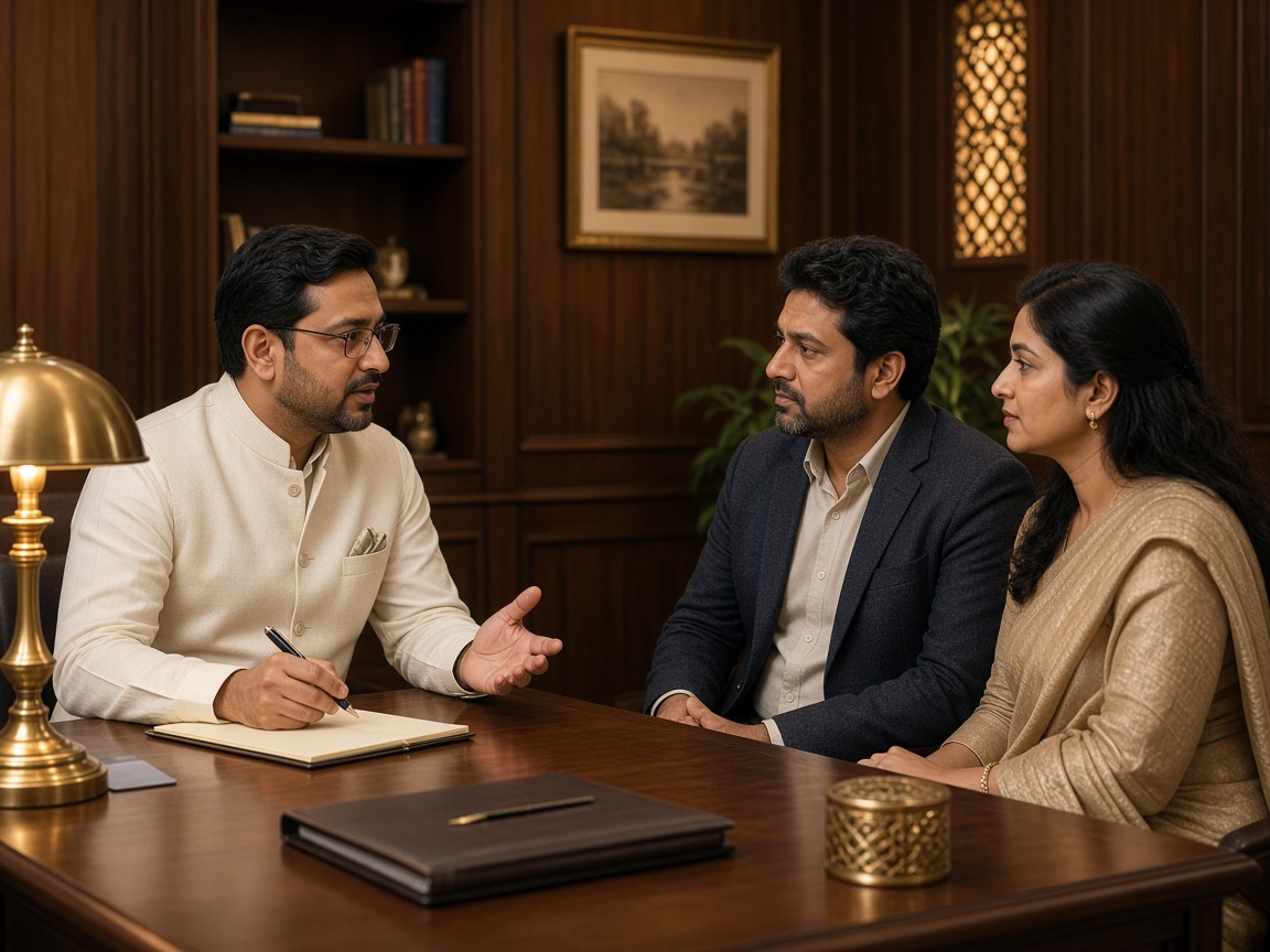 Advisor meeting an Indian couple in a gold-toned consultation room