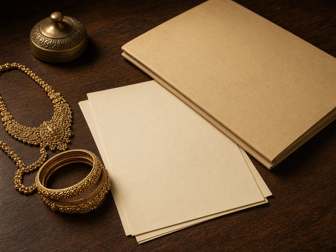 Gold jewellery and a loan folder on a wooden desk