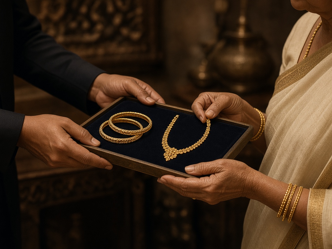 Gold jewellery being returned on a velvet tray into a customer’s hands