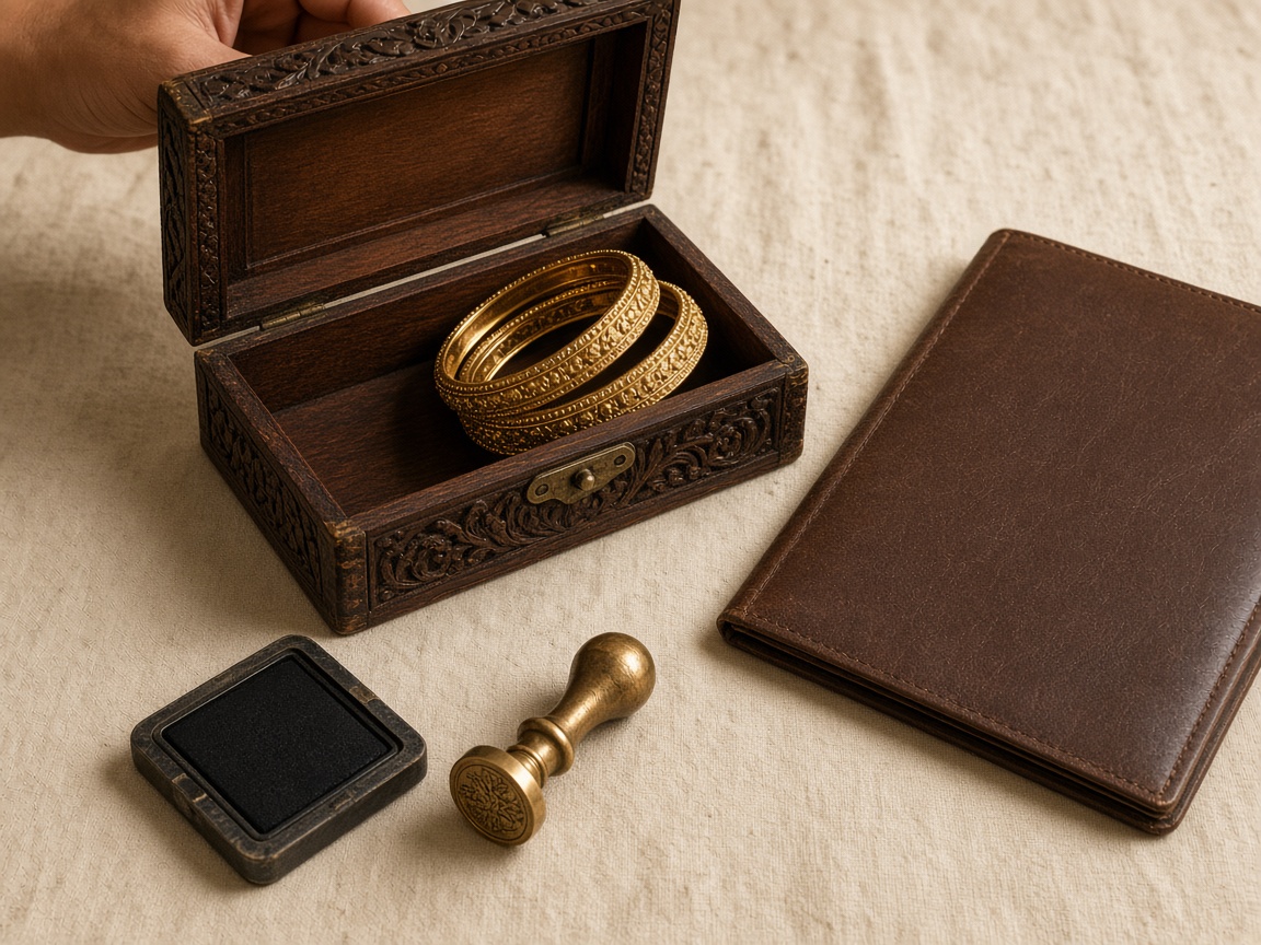 Jewellery box being opened beside stamps and a folder