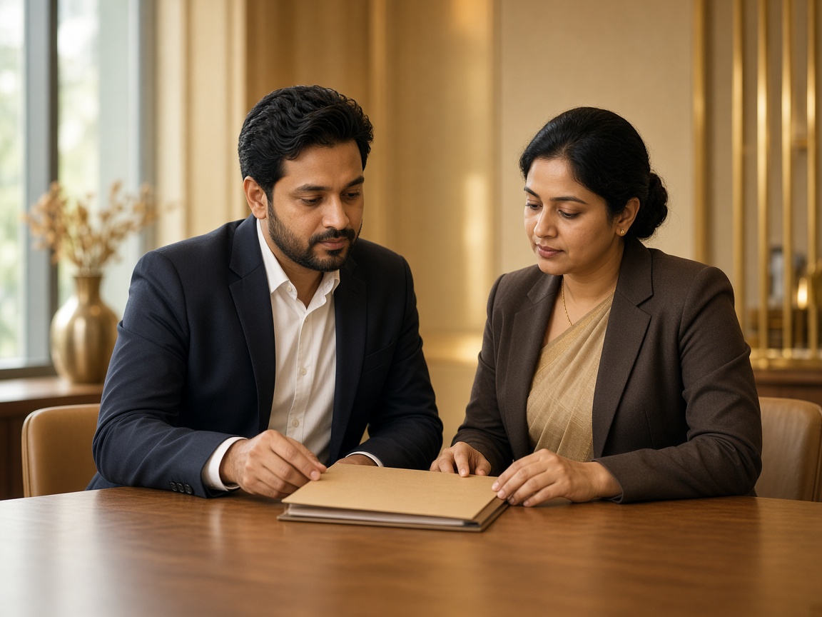 Two professionals reviewing a gold loan file in a warm office