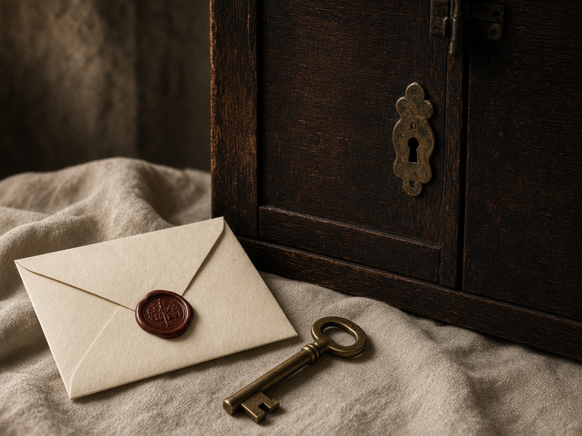 Locked wooden cabinet, sealed envelope and brass key in a quiet office